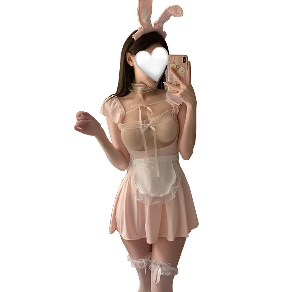 6852 Sexy Bunny Cosplay Lingerie Anime Pink Maid Outfit Sheer Roleplay